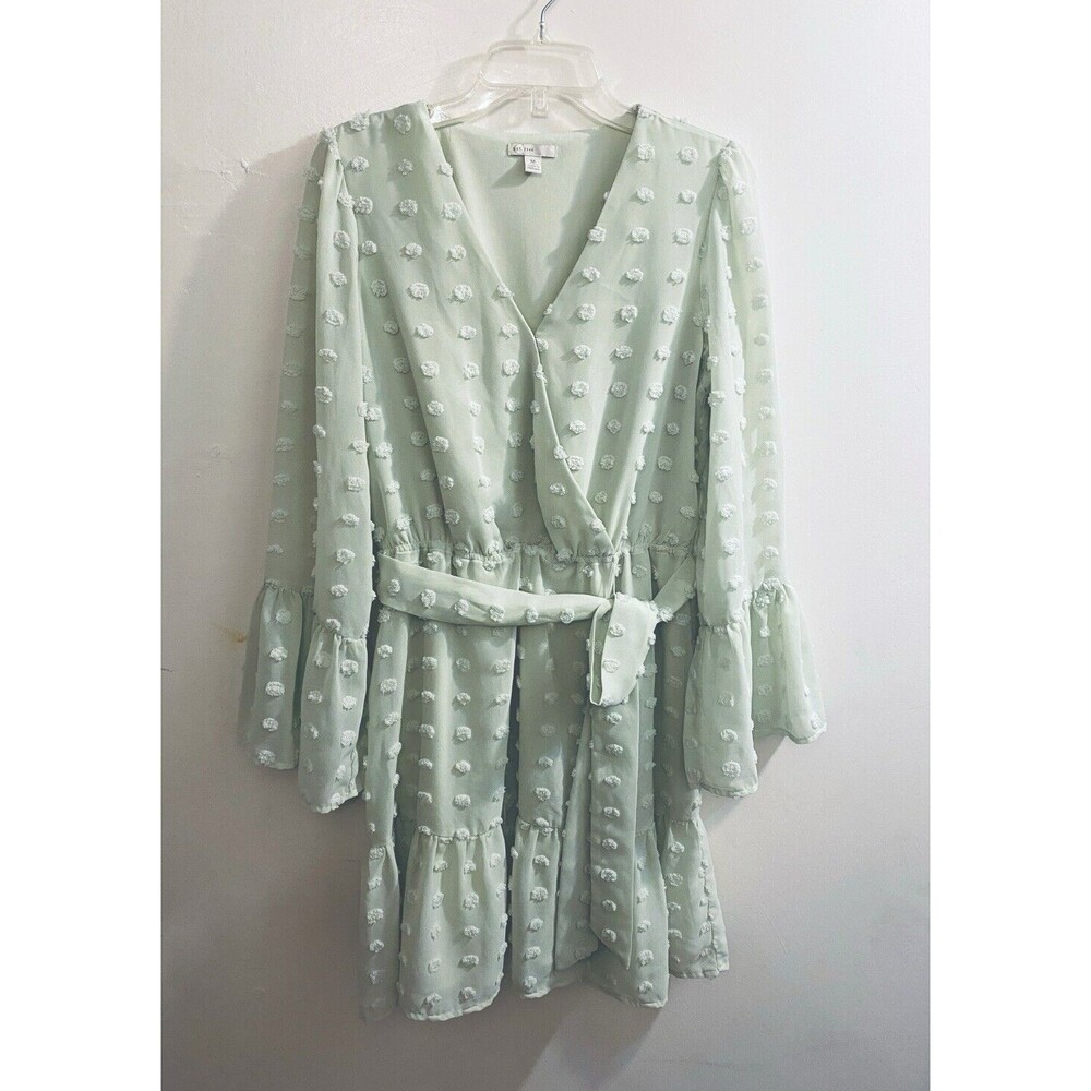 C Est 1946 Dress Green Swiss Dot Bell Sleeve Faux Wrap Romantic Ruffle Hem Sz M